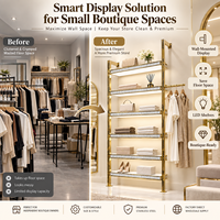 Étagères murales de présentation de vêtements en acier inoxydable doré de luxe avec éclairage LED pour la conception de boutiques de détail