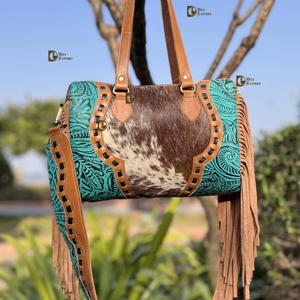 Nouveau sac fourre-tout en cuir de vachette occidental à motif élégant, sculpté à la main, avec franges en cuir, sac à main élégant, sacs en cuir pour femmes - Product Image 1