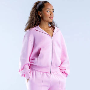 Meilleure vente Rose clair femmes goutte épaule raviver sweat à capuche zippé Anti-rides respirant hiver 100% coton blanc haute rue - Product Image 2
