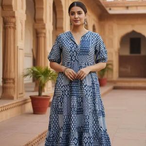 Robe longue mi-longue en coton bleu marine imprimée à la main, à volants, manches bouffantes, style ethnique bohème indien, lavable, pour femme - Product Image 1