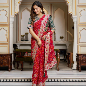 Tissu en soie mono pur bandhrej, travail lourd de pitha et de gota pati, coupe de 5,50 mètres, pour blouse (non cousue) - Product Image 1