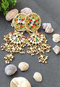 Indian Jewelry Bollywood Antique Beaded Crystal Kundan Floral Big Dangle Chandelier <b>Earrings</b> Set - Product Image 2