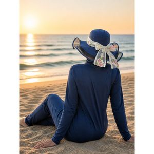Sombrero de Paja Flexible Azul Marino con Detalles de Tul y Cinta Floral Bordada a Mano con Material de Piel - Product Image 1