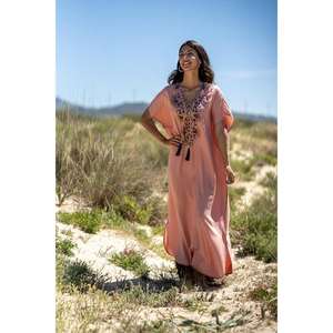 Vestido Largo de Algodón 100% para Mujer, Estilo Kaftan con Bordado de Durazno, Cuello en V, Estilo Bohemio, Holgado, para Playa, Verano, Resort, Cintura Natural - Product Image 2