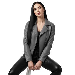 Factory Price <b>Grey</b> Leather <b>Jacket</b> Women Motorbike Style Custom Wholesale Bulk Quantity Genuine Leather Biker <b>Jacket</b> OEM Supply - Product Image 1