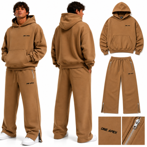 Ensemble de survêtement Premium ONEAPEX SPORTS WEAR pour homme, sweat-shirt oversize camel marron et pantalon de survêtement à bas ouvert, coton lourd, été - Product Image 4