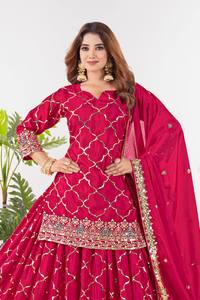 Nuevo Diseño Moderno de Salwar Kameez de Seda Chinon con Relieve, Top Sharara Plazzo Dupatta de Secado Rápido para Todas las Temporadas, Ideal para Fiestas y Bodas - Product Image 2