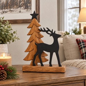 Wooden Christmas Tree and Reindeer Decor 7 Inch Tabletop Holiday Ornament Rustic Winter Theme Decorative <b>Object</b> - Product Image 3