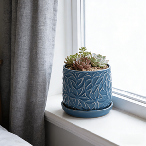 Juego de 2 macetas redondas de cerámica azul Mdj para interior y exterior, con platillos, estilo americano, para jardín y hogar. - Product Image 4