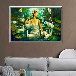 Impression sur toile d'art élégante avec des cygnes, scène de natation d'une femme, décoration murale unique, 1P : encadré blanc - Product Image 1