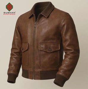 Handmade Synthetic Leather Bomber Jacket-Mandarin Collar Zipper Closure <b>Wool</b> Lining Vintage <b>Brown</b> - Product Image 4