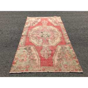 Vintage Turkish Rug, 4.3x7.1 ft Rug, <b>Red</b> Floral <b>Wool</b> Rug - Product Image 1