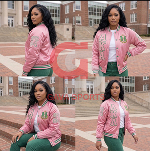 Chaqueta griega personalizada AKA Skee-Wee para mujer en rosa y verde, y chaqueta bomber de punto transpirable con bordado para mujer. - Product Image 4