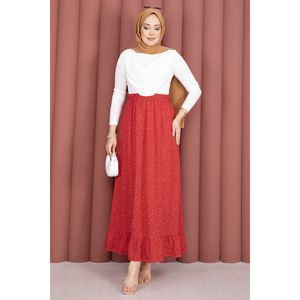 Red Polka Dot Ruffled Midi <b>Skirt</b> <b>Elastic</b> Waist Soft Breathable Chiffon and Cotton with Digital and Embroidered Techniques - Product Image 4