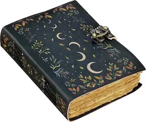 Antique Witchcraft Supplies Wiccan Notebook Journal Crescent Moon Vintage Handmade Leather Diary With Lock