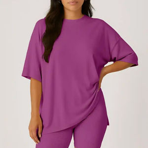 Nouveau été en gros femmes couleur unie à manches courtes col rond 100% coton lourd 250 GSM surdimensionné - Product Image 6