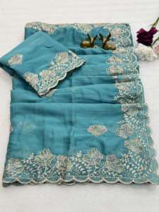 ผ้าซิลค์จอร์เจตต์เนื้อนุ่มสำหรับผู้หญิง พร้อมงานปักหนัก ลาย C Pallu Zari  ตกแต่งขอบด้วยงาน Cut Work ผลิตในอินเดีย - Product Image 2