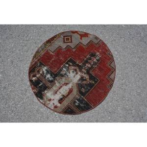 Classic Vintage Turkish Rug 2.4 X 2.4ft <b>Red</b> Black Patchwork Large Area Wool PP <b>Material</b> with Latex Backing for Hallway & Room - Product Image 1