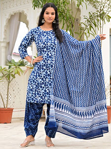 Ensemble Salwar Kameez en coton imprimé floral bleu pour femmes avec pantalon Patiala et Dupta, tenue ethnique pour les fêtes d'été - Product Image 2