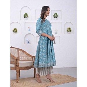 Blue Cotton Anarkali <b>Kurta</b> Pant Set Printed Pakistani Style Indian Ethnic Wear for <b>Women</b> for Party Wear - Product Image 3