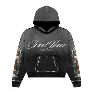 À la mode Acide Lavé Pull À Capuche pour Femmes 100% Coton Vintage Imprimé Applique Broderie Hiver Chaud Côtelé Poignets Marron - Product Image 5