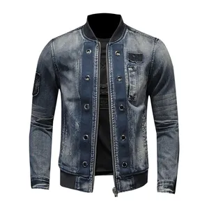 New Unique Style Collar Patch Bomber Pilot Blue Denim Jacket Men Jeans Coats Motorcycle Casual Outwear Clothing with custom logo
