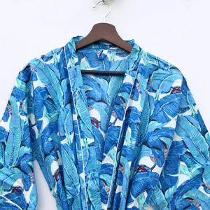 Batas de Kimono de algodón con hojas de plátano azul para mujer, hermosa bata de noche, vestido envolvente de algodón, bata de baño suave y cómoda - Product Image 3
