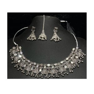 <b>Silver</b> Oxidized Stone Lightweight Vintage Peacock Design Studded <b>Choker</b> Necklace Set Earrings for Women Girls' Wedding Wear - Product Image 3