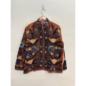 Marwar Bloom <b>Reversible</b> Suzani Embroidered Velvet <b>Jacket</b> for Rust Amber with Indigo & Ivory Florals Autumn Winter Coat Boho - Product Image 3