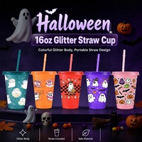 Gobelet en plastique 16oz à logo personnalisé, motif Sugar Skull et paillettes, pour le Jour des Morts et Halloween, réutilisable, avec couvercle et paille, vente en gros usine