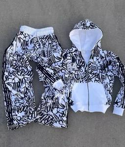 Conjunto de chándal holgado con estampado general personalizado de ajuste cómodo para hombre, lavado ácido, Sol desteñido, logotipo de letras, conjunto de pantalones de chándal con capucha y cremallera - Product Image 4