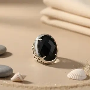 14K 925 Silver <b>Onyx</b> Statement <b>Ring</b> for <b>Men</b> Rhodium Plated <b>Black</b> Gemstone with Agate Bezel Setting Gift Idea - Product Image 1