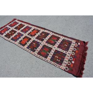 2.7x8 ft Turkish Vintage Rug, <b>Runner</b> Rug, <b>Red</b> Blue Bordered Wool Rug - Product Image 4