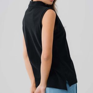 Index <b>Women's</b> Sleeveless <b>Polo</b> <b>Shirt</b> Solid <b>Black</b> Cotton Oxford Casual Fit Regular Length - Product Image 5