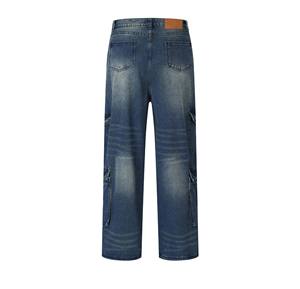 Men's High Street Baggy Straight <b>Jean</b> Pants 100% Cotton Breathable Denim Embroidery Patch Acid <b>Elastic</b> <b>Waist</b> Flat Loose Fit - Product Image 2