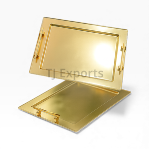 Plateaux de service rectangulaires en acier inoxydable de qualité supérieure avec poignées dorées et support pour un présentoir de chocolat de luxe - Product Image 4