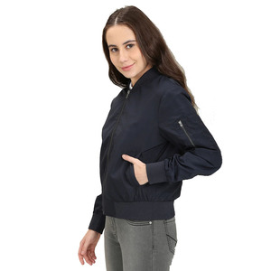 Nouvelle veste bomber bleu marine pour femme, manches longues, fermeture éclair, col montant, couleur unie, polyester tissé, vêtement d'automne - Product Image 3