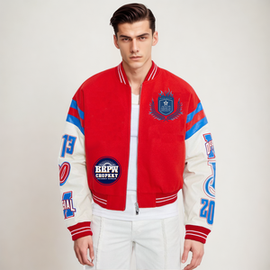 บุรุษแจ็คเก็ตเย็บปะติดปะต่อกันขายส่งฤดูใบไม้ร่วงฤดูหนาวเย็บปักถักร้อยที่กําหนดเองเล็ตเตอร์แมนแจ็คเก็ตเครื่องบินทิ้งระเบิดเบสบอลสําหรับผู้ชาย - Product Image 4