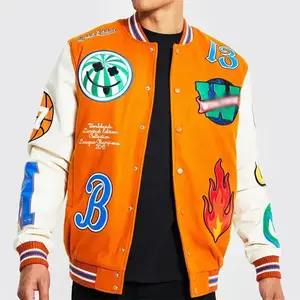 Custom Logo Wool Chenille Embroidery Baseball Letterman Jackets Men Vintage Blank Orange Leather Sleeve Varsity Jacket