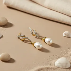 Boucles d'oreilles pendantes Art Palace pour femme, plaquées or, perles naturelles et zircon, forme goutte d'eau classique, bijoux de mariage en argent 925 - Product Image 2