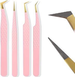 Pince à épiler d'extension de cils en acier inoxydable à pointe dorée avec poignée en diamant de couleur rose pince à cils OEM en forme de L à 90/45 degrés - Product Image 1