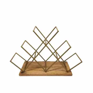 Iron & Mango Wood Wine Rack Gold & Natural Color wood wine rack For Barware & Table Top Decoration