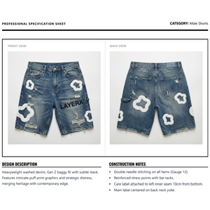 Shorts en jean pour hommes, imprimé puff, streetwear, coupe ample, délavé, écologique, décontracté, demi-pantalon, vente en gros, commande en gros - Product Image 6