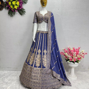 Lehenga Choli bleu pastel très demandé avec tissu Faux Georgette de travail de séquence chinoise pour les festivals et les fêtes de dames - Product Image 1