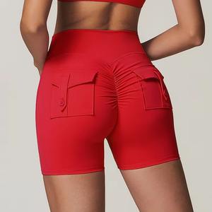 Pantalones cortos de gimnasio de cintura alta para mujer, pantalones cortos de yoga transpirables con bolsillos, logotipo personalizado - Product Image 1