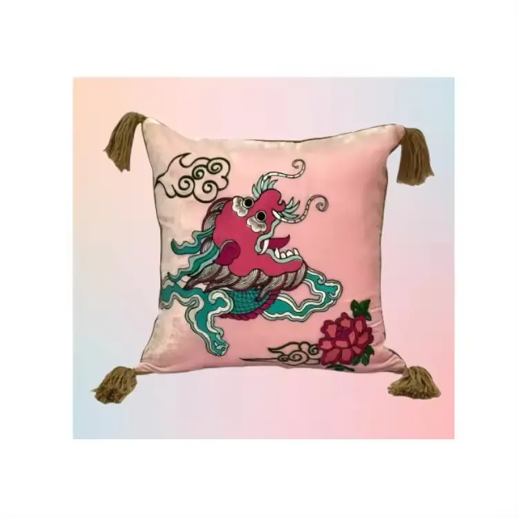 Almohada de terciopelo colorida moderna, cabeza de dragón, goma artística, decoración de dormitorio hecha a mano con tuberías y borlas, tamaño personalizado