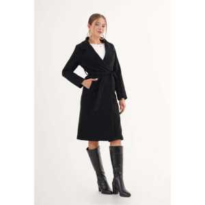 Abrigo de Cachemira Negro con Cinturón al por Mayor, Forrado con Tela Tejida - Product Image 2