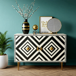 Aparador de Madera Maciza de Lujo con Incrustaciones de Hueso Blanco y Negro, Geométrico, Ecológico, Hecho a Mano - Product Image 6