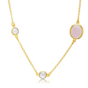 Oval Rosa Cuarzo Humo Triple CZ piedra 22K oro bisel plata encanto collar venta al por mayor 925 Plata turca joyería hecha a mano - Product Image 3