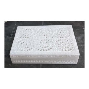 Boîtes à bijoux en marbre blanc pur en forme de Rectangle, fabrication artisanale incrustée, sculpture, travail - Product Image 1